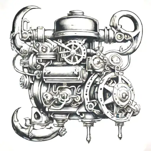 A black-grey tattoo of a vintage engine intertwined with fishing hooks and country elements tattoo design idea