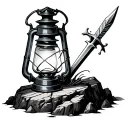 lantern with Excalibur stuck in rock in the center of lantern  tattoo design idea