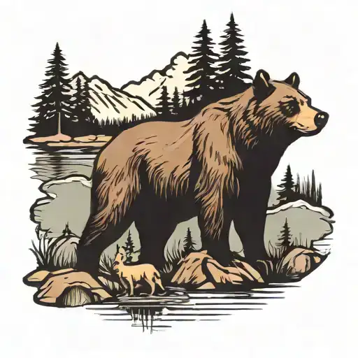 A Canadian landscape with a bear, moose, wolf, cougar, and beaver all peacefully coexisting, representing favorite things and love for Canada tattoo design idea