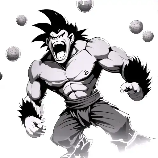 DBZ great ape roaring with goku in the background. surrounded by super saiyan god aura and all 7 dragon balls scattered tattoo design idea