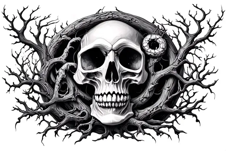 skull hourglass tree of life intertwined tattoo design idea