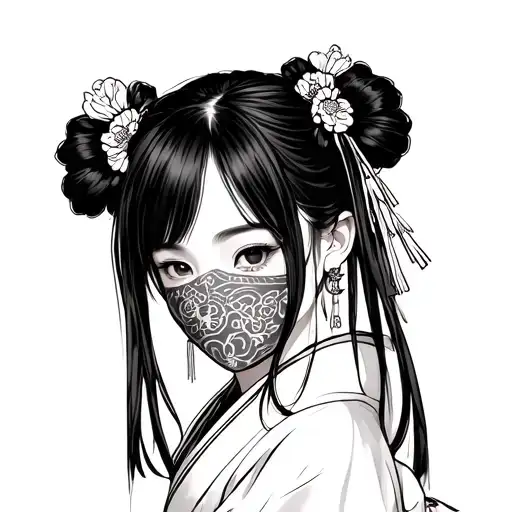 hype east girl in hanbok with face partially covered tattoo design idea