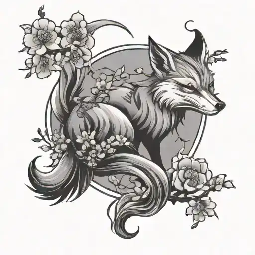 nine-tailed fox + Japanese writing + fine cherry blossom tattoo design idea