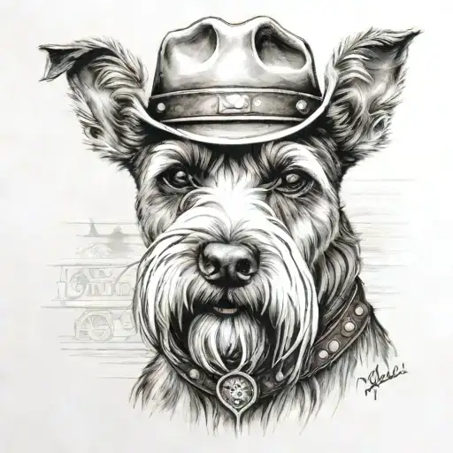 salt and pepper schnauzer with cowboy hat and brown eyes and a collar looking with western background tattoo design idea