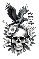 "paige is my forever and always" flowers blooming and a phoenix dragon flying over a skull  tattoo design idea