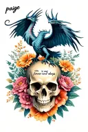 "paige is my forever and always" flowers blooming and a phoenix dragon flying over a skull  tattoo design idea