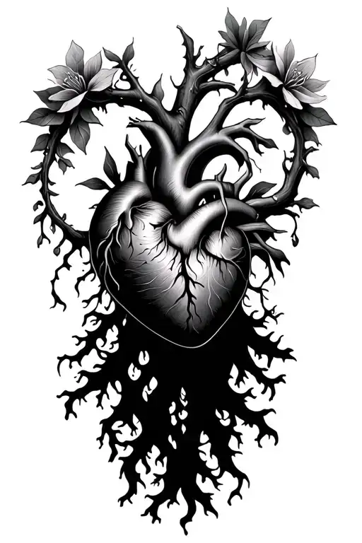 Ayahuasca vine around a heart, roots under the Heart and Flowers above tattoo design idea