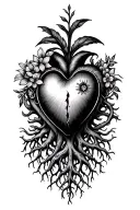 Ayahuasca vine around a heart, roots under the Heart and Flowers above tattoo design idea