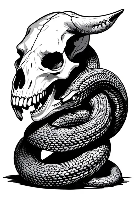 steer skull rattle snake intertwined tattoo design idea