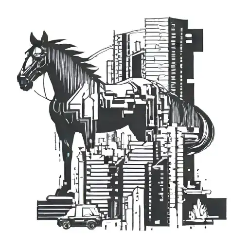 A futuristic cyberpunk cityscape with a mysterious horse silhouette integrated into the design tattoo design idea