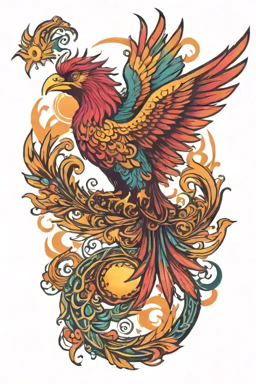 Vibrant Colorful Phoenix bird rising sun tattoo design idea