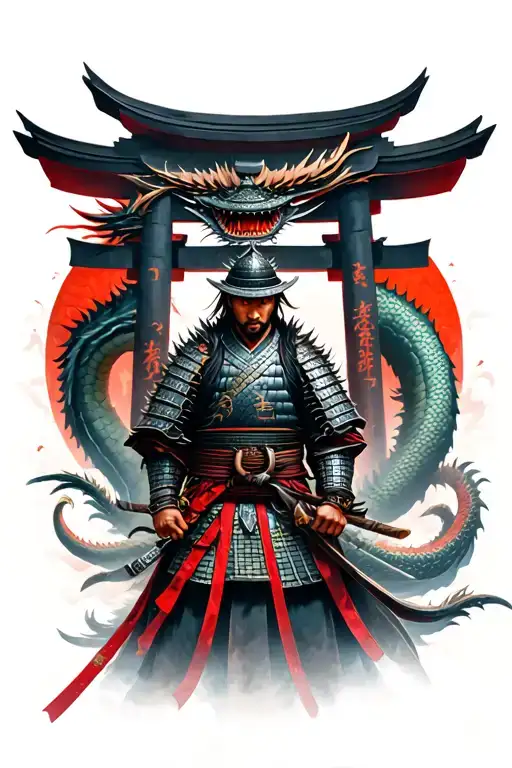 samurai warrior surrounded by a dragon at a Torii gate tattoo design idea