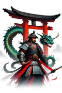 samurai warrior surrounded by a dragon at a Torii gate tattoo design idea