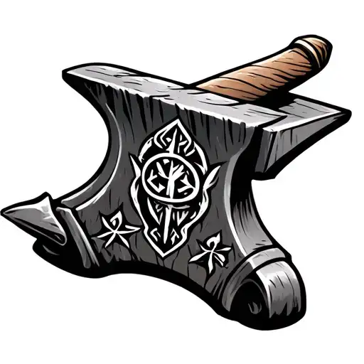 chisel and anvil adorned with Viking symbols tattoo design idea