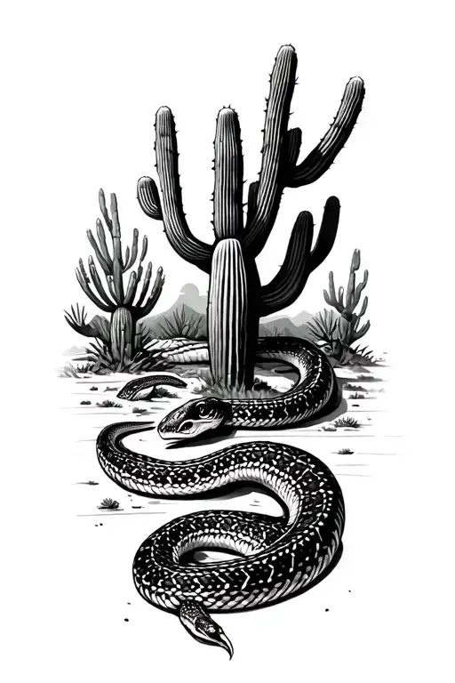 desert landscape with cacti and rattlesnake tattoo design idea