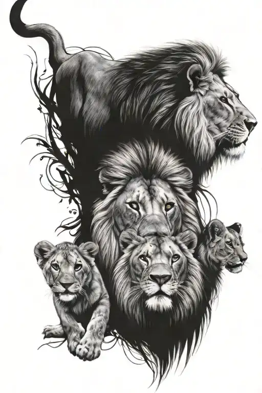 male lion with 3 cubs tattoo design idea
