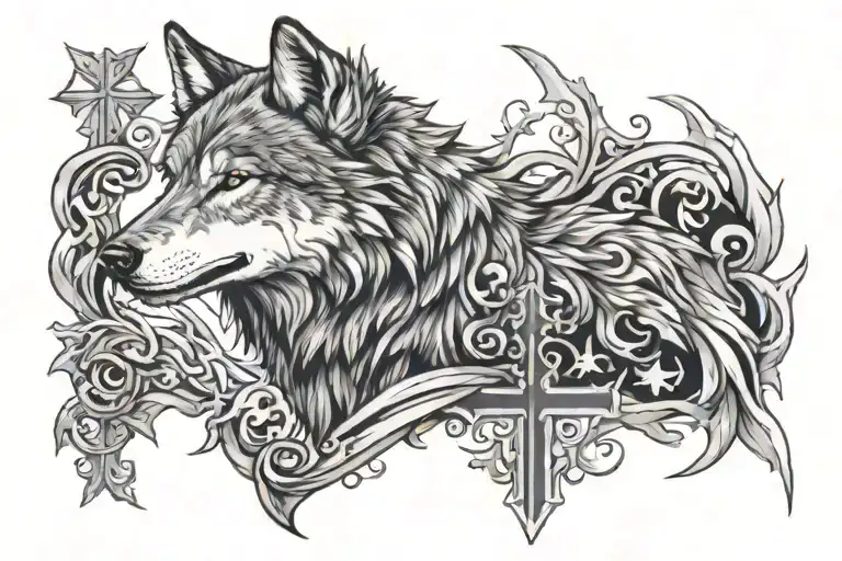 Wolf And Cross tattoo design idea