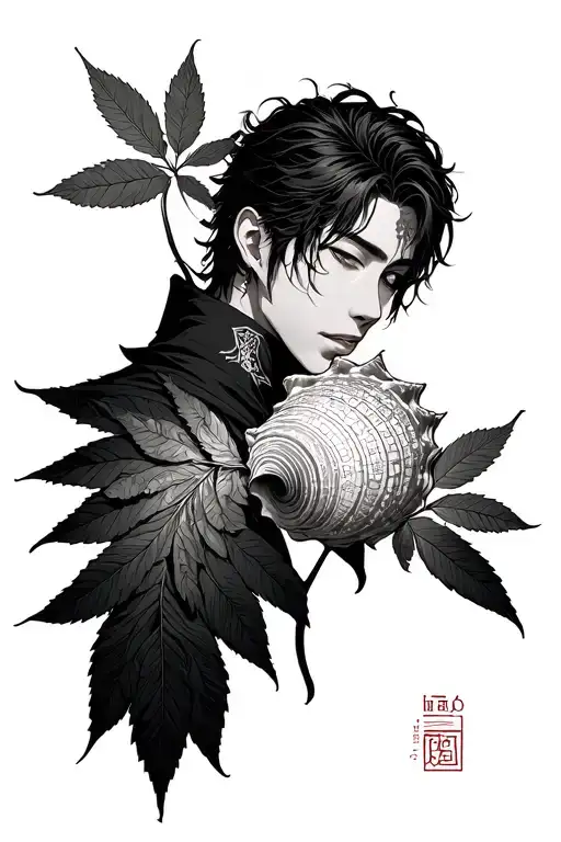 Solo Leveling anime sung jin woo and igris, cover with 5 leaf conch tattoo design idea