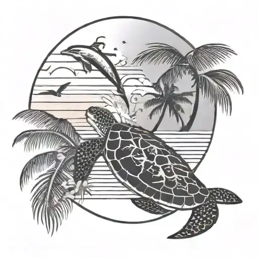 circular tattoo with bottom left a frangipani flower, above it is a palm tree, turtle, sunset and jumping dolphin tattoo design idea