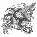 circular tattoo with bottom left a frangipani flower, above it is a palm tree, turtle, sunset and jumping dolphin tattoo design idea
