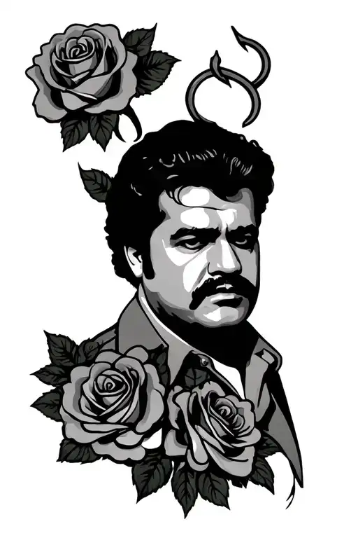 Pablo Escobar with roses and hooks tattoo design idea