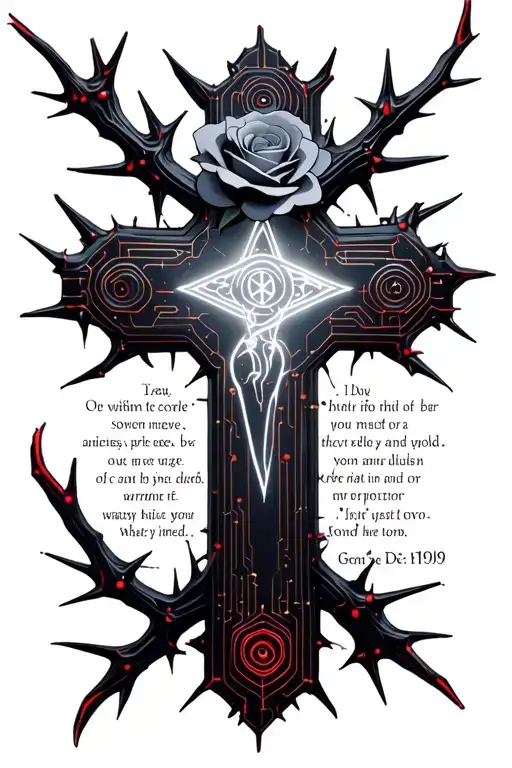 cross with detailed thorns around it with a Bible verse under it and a grey red rose blended into the top of the cross tattoo design idea