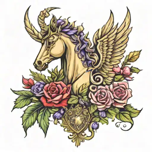 Scottish clan Duncan crest heraldry crown wings with unicorn and roses and thistles  tattoo design idea