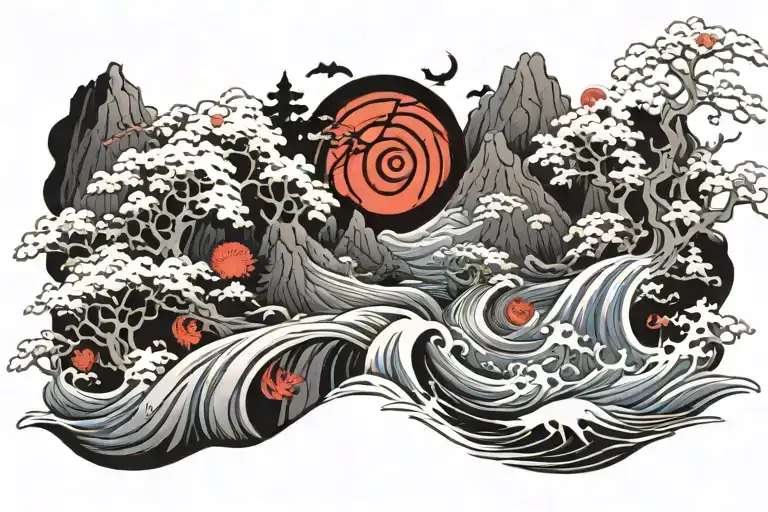 Japanese forest river covered in amaterasu flames on the night of the Sharingan moon tattoo design idea