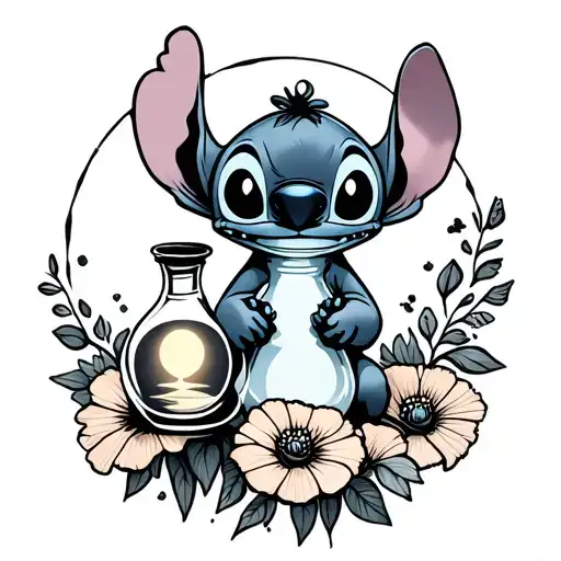 Disney Stitch holding a fancy potion bottle with poppy flowers below him and the Sun and the moon in the potion bottles tattoo design idea