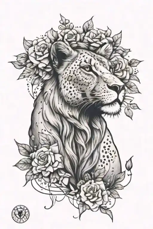 lioness with flowers around it like a mane tattoo design idea