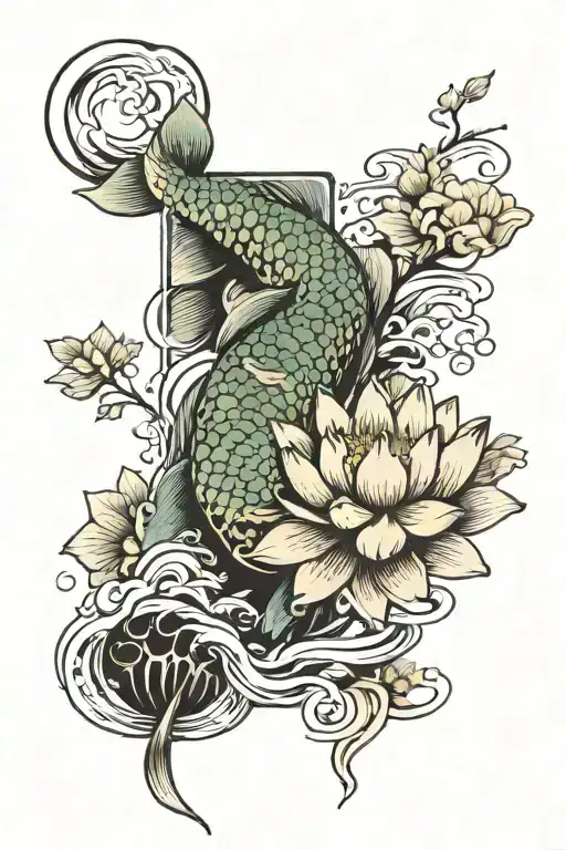 clean lines, waves, and nature. Include lotus cherry blossoms mountains koi fish tattoo design idea