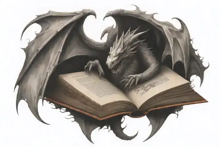 Giant open book, dragon coming out of book pages, neck and wings of dragon, whisps around dragon and book tattoo design idea