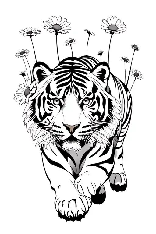 tiger walking in daisies tattoo design idea