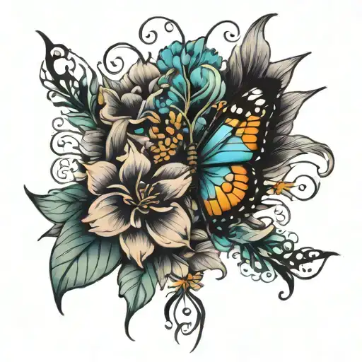 flower spine tattoo with butterflies tattoo design idea