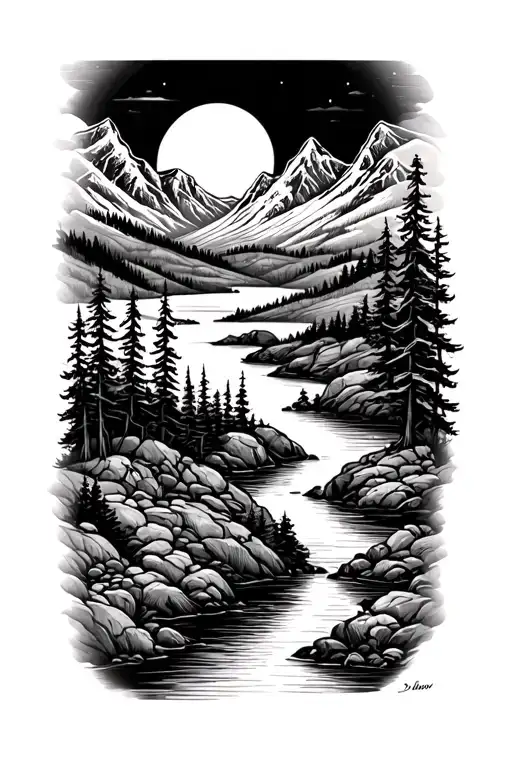 mountain scene with a river flowing and sun setting tattoo design idea