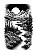 mountain scene with a river flowing and sun setting tattoo design idea