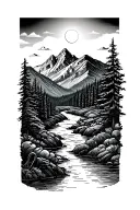 mountain scene with a river flowing and sun setting tattoo design idea