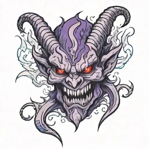 romptsCopya demonic demon with purple flames and a demon face on it's face, demonic, with a purple background, blue fir tattoo design idea