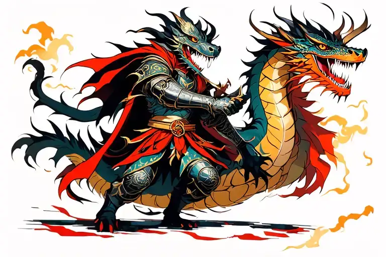 anime inspired midevil knight fighting a dragon tattoo design idea