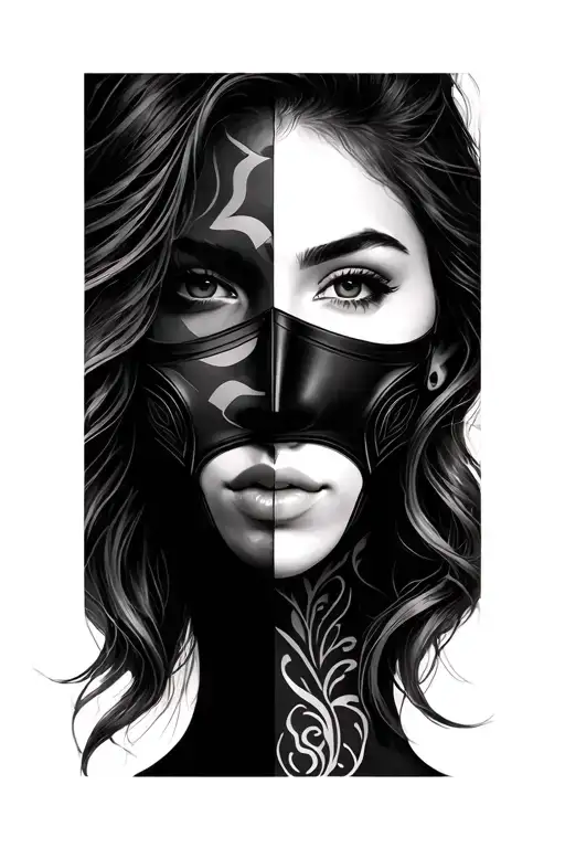 lady half face with omni mask tattoo design idea