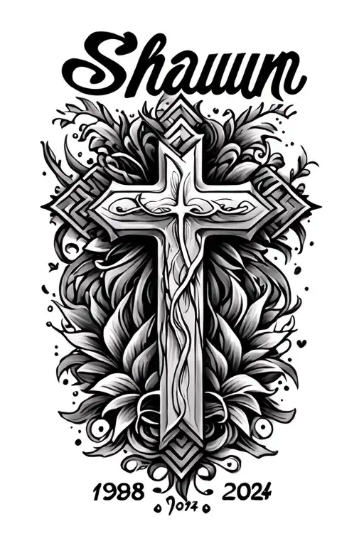 "Shaun 1998-2024" memorial tattoo including the name "Shaun" and include the date "1998-2024", a cross, shading and some artistic designs tattoo design idea