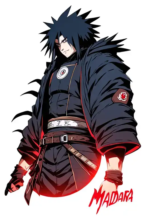 Madara Uchiha in all his gear and in dark and red lighting due to him being in front of his Madara moon. Portrait posed tattoo design idea