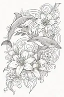 lily ,dolphins, and hearts symbolizing loving memory  tattoo design idea