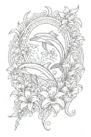 lily ,dolphins, and hearts symbolizing loving memory  tattoo design idea