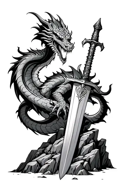 angry dragon wrapped round sword stuck in a rock tattoo design idea