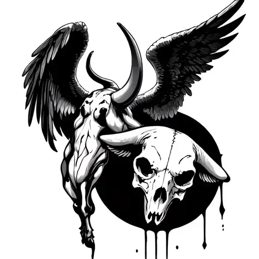 angel with wings and an angry bull skull i want to see balance/angry/shy and 80/82 numbers, ligthning   tattoo design idea