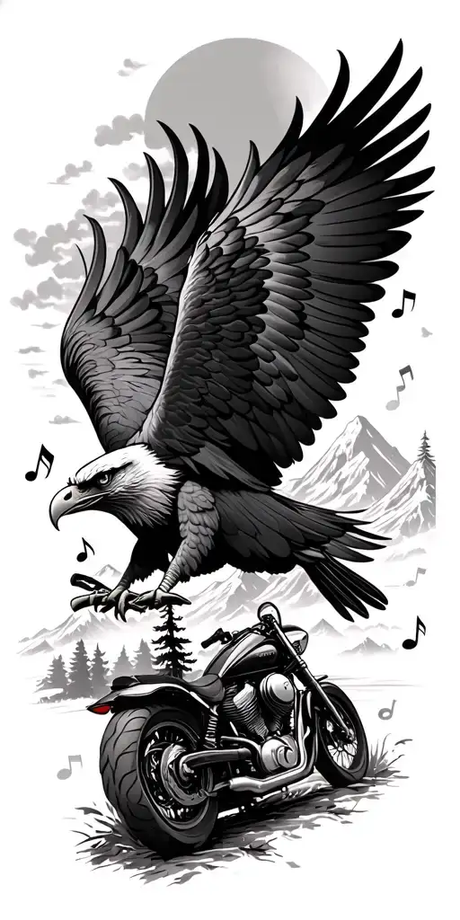 eagle, trees, motorcycle,mountains,music notes tattoo design idea