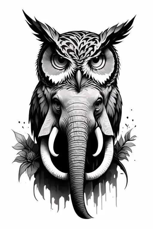 owl and elephant head emerging tattoo design idea