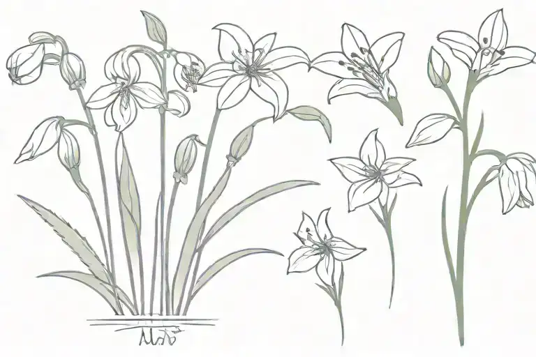 simple Snowdrop, Violet, Daffodil, Daisy, Lily of the Valley, Honeysuckle, Cosmos bouquet tattoo design idea