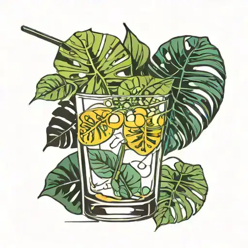 fine line cocktail glass with monstera plant intertwined tattoo design idea